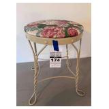 Vintage Wrough Iron Vanity Stool  with floral upholstrery
