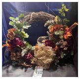 Grape Vine Wreath with Cream Bow with Orange flowers & Ivy