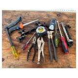Assorted Hand Tools: Clamp, Saw, Tape Measure, Pliers, Screwdrivers, and More