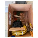 Box of Mixed Tools and Supplies - Hose, Rope, Trowels