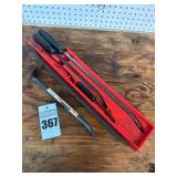 Assorted Tools Including Pry Bars, Drill Bits, and Extractors