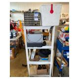 Shelf and Contents: Tools, Panasonic Subwoofer, RCA VCR, and Drawer Cabinet