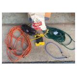 Box Lot of Extension Cords, Tie-Down, Tool Bag & More