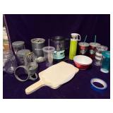 Nutri-Bullet with 3 Cups, Kitchen Aid Food Processor (missing blades), Various Cups, Cutting Boards, Bowls and Waste Can