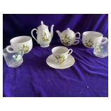 Magnolia Coffee Server, 1 Cup Teapot, 2 Glass Cups, 2 Soup Cups (1 with chip) Cup and Saucer