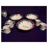 Tienshan - Magnolia Fine China - 3 Serving Bowls, 3 Creamers, Sugar Bowl and a Painted Wine Glass