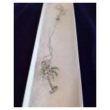 Palm Tree Pendent Necklace with Green and Aurora Borealis Crystals.