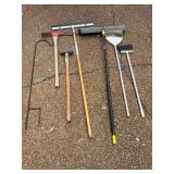 Trash Can with Brooms, Sledge Hammer, Pick Axe and Squeegee