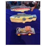 Wooden Car, Fish Box and Fish on Stand