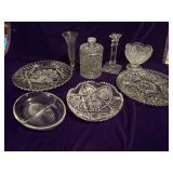 Assorted Glassware - 2 Platters, Bud Vase, Lidded Jar, Candle Holder, Footed Bowl, 9” Bowl and Divided Bowl