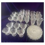 Vintage Fostoria American Set of 6 Each Tea Glasses, Water Goblets, Champagne Glasses, Sherbet Cups and Plates