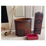 Leather Wastebasket and Liquor/Wine Bottle Holder plus Home Decor