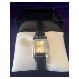 Tommy Hilfiger Rectangular Silver-Tone Watch with a Black Leather Strap