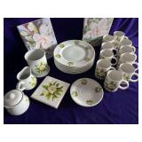 Magnolia Dishes - 7 Dinner Plates, 1 Saucer, 10 Cups, Sugar Bowl, Creamer, Utensil Holder, 2 Trivets and 2 Prints