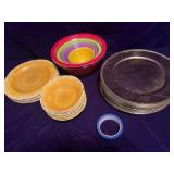 6 Plastic Plates and Bowls from Pier One, zak! Nesting Bowls and 22 Gold Tone Plastic Chargers