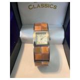 Boca Classics Quartz Watch with a Silver-Tone Metal Cuff Band and Square, Multicolor Mother of Pearl Inlays