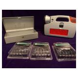 3 Boxes of Curved Metal Pulls, Lock Box and Flashlight with Built-in Tool Box (broken latch)