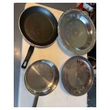 2 Silver Trays on Stands and 2 Skillets