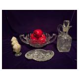 Anchor Hocking 13” Handled Bowl, 3 Egg Cups, Relish Dish and EAPG Decanter