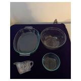 Pyrex 15”x11” Casserole Dish, Pyrex 6” Bowl, Anchor Hocking 10” Bowl and a Plastic Creamer