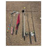 Laundry Basket with Golf Clubs and Fishing Poles