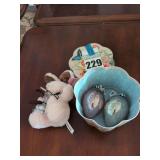 Decorative Box with Stuffed Rabbit and 2 Glass Egg Ornaments