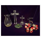 Vaseline Juicer, 2 Crosses Reindeer Nutcracker, Kissing Mr and Mrs Klaus Salt Shakers, 2 Santa Salt Shakers and Set of Lefton Kissing Mr and Mrs Klaus