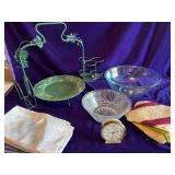 Metal Serving Stand, Large Pyrex Bowl, Serving Bowl, Alarm Clock and Napkins
