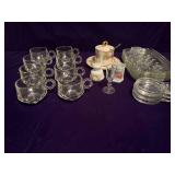 8 Glass Coffee Cups, 4 Sandwich Plates, Toothpick Holder, Pepper Shaker, Sugar Bowl with Plate and Coaster with Spoon Holder
