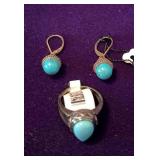 Sterling Silver Ring and Drop Earrings with Turquoise Stone