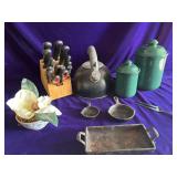 Miscellaneous Kitchen - Tea Kettle, Knife Block with Knives, 2 Canisters, 3 Cast Iron Ashtrays and Decorative Bowl