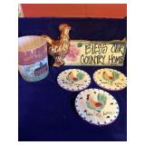Rooster Hot Plates, Sign, Brass Jello Mold and Wooden Bucket with Flashlights