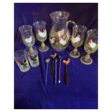 Pitcher and 4 Goblets, Chicken Stirers, and 2 Glasses