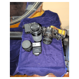 Ricoh 35mm Camera with Lenses and Flash in Carrying Case