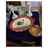 19" Platter, 2 Candle Holders, Vintage Murano Art Glass Bowl,