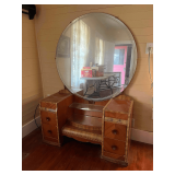 Antique Art Deco Waterfall Vanity with a Large Round Mirror - Slight Veneer Damage Bottom Right