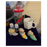 Glass Cookie Jar, Salt Pepper Shakers, 3 Shoe Trinket Boxes