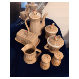 1950s Vintage "Made in Japan" Ceramic Coffee Set, Wicker Basket Weave with Rooster Figures