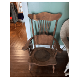 Vintage Oak Pressed-Back Rocking Chair with a Tooled Leather Seat - Missing Rockers