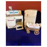Vintage Metal Kitchen Stove and Refrigerator, Harolds Club Wagon Bottle