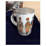 Vintage Porcelain Beer Stein Produced as a Commemorative Piece Featuring 1840s Military Uniforms.