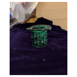 Vintage Green Glass Toothpick Holder featuring the Pressed "Daisy & Button" Pattern.