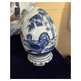 Vintage Porcelain Egg with a Rooster, Bamboo, and Country Landscape Motif in Blue and White.