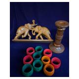 Carved Elephant Statue, Candle Stick and Colorful  Wood Napkin Rings
