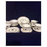 New Town Bone China 4 Cups and Saucers, Dessert Plates, Serving Plate, Cream and Sugar