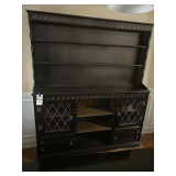 Dark Wood Hutch with Leaded Glass Doors -2 Piece 64.5x13x74.5”