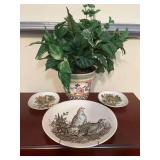 Artificial Plant, Decorative Partridge Ironstone Plate and 2 Decorative Royal Falcon Ware Plates