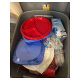 Tote of Party Supplies- Plates- Cups Etc