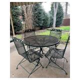 Vintage Wrought Iron Patio Set Mesh-Top Table and Four Matching Spring Rock Chairs