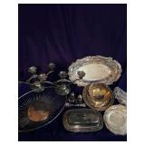 Silver Plate,Butter Dish, Spoon, Candle Sticks, Gravy Bowl and Bread Basket